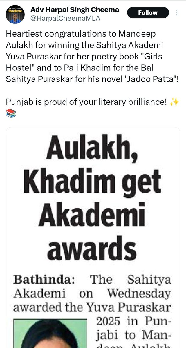 1158APFront5aab's tweet photo. A young Sahitya Akademi awardee,Mandeep Aulakh selected under #1158Recruitment,now faces an uncertain future after SC orders. Harpal Cheema ji,your silence is loud. Is this how AAP values Punjab’s meritorious youth? Moreover,@HarpalCheemaMLA blocked @1158APFront5aab
@BhagwantMann https://t.co/uVw9a1ilt1
