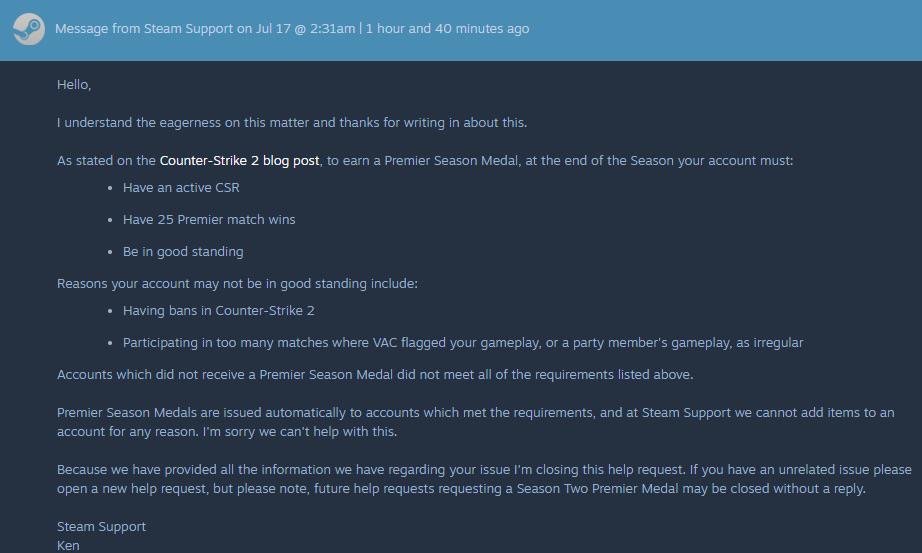 Steam support confirmed in a ticket with a friend: If you got too many VAC Live cooldowns you are not eligible for the Season 2 Premier medal.