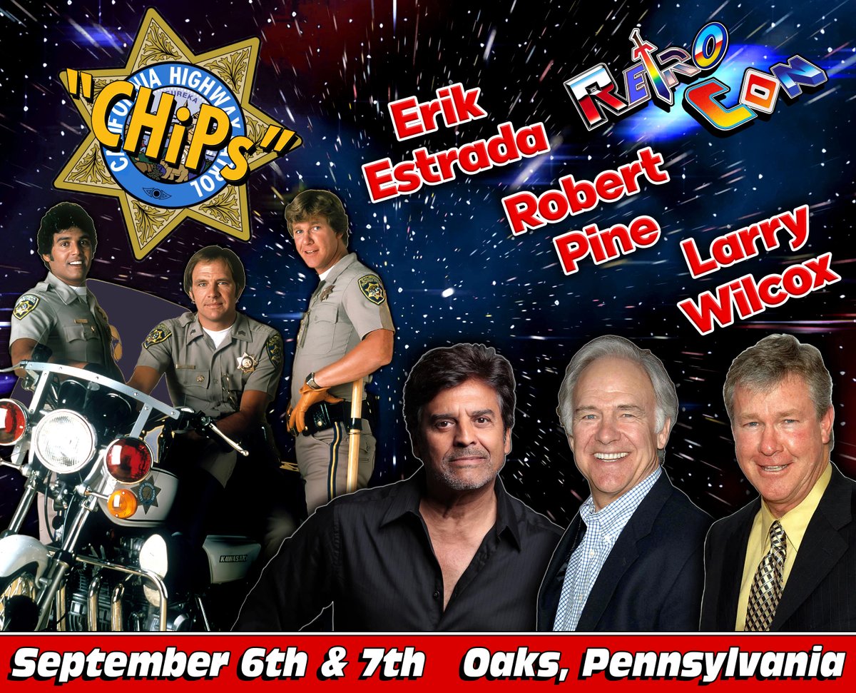 Don't miss the CHiPs reunion at Retro Con 2025!! Erik Estrada, Robert Pine, and Larry Wilcox (aka, Ponch, Sarge, and Jon) will all be in attendance, along with a CHiPs police motorcycle!

#chips #erikestrada #robertpine #larrywilcox #retrocon #retrocon2025