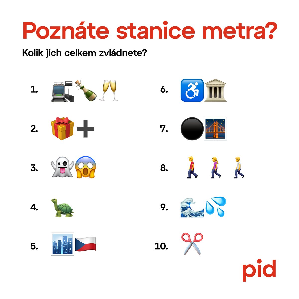 Dnes je Světový den emoji! Připravili jsme pro vás malý kvíz – stanice metra jako emoji. 🚇🔍

Kolik stanic metra poznáte?
Jaké další stanice byste doplnili?