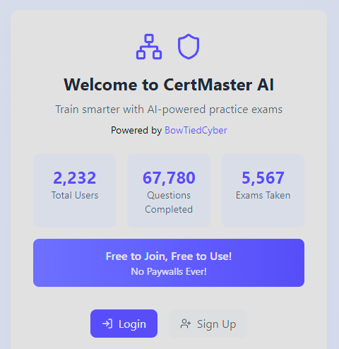 BowTiedCyber's tweet image. I made a free app

Free AI generated Net+ and Sec+ practice questions

It's CRAZY to me that real people have generated and answered 67,770 test questions

All for free

It's my honor to serve the community ♥️

Here's to your future success 🥂

CertMasterAI.com