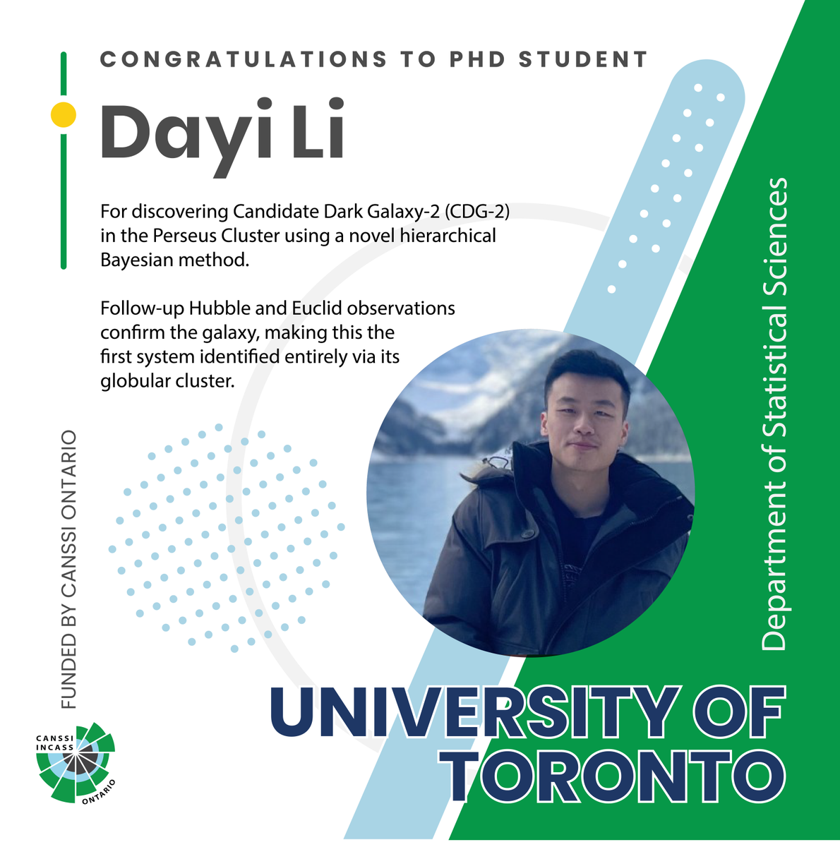 CANSSIOntario's tweet image. Congrats to Dayi Li, @UofTStatSci PhD student, for discovering a hidden galaxy in the Perseus Cluster! 🌌✨ Confirmed by Hubble & Euclid images—it's the first galaxy ever identified solely by its globular clusters. 🔭
Funded in part by @CANSSIOntario
🔗 bit.ly/4lkbk7n