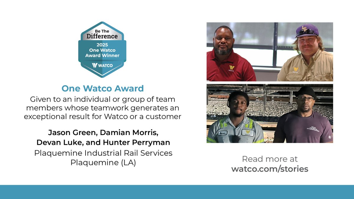 WatcoRail's tweet image. Four Plaquemine Industrial #Rail Services team members worked through freezing weather and power outages to prevent a customer from shutting down, earning the Q2 One Watco Award. bit.ly/44tAsBM