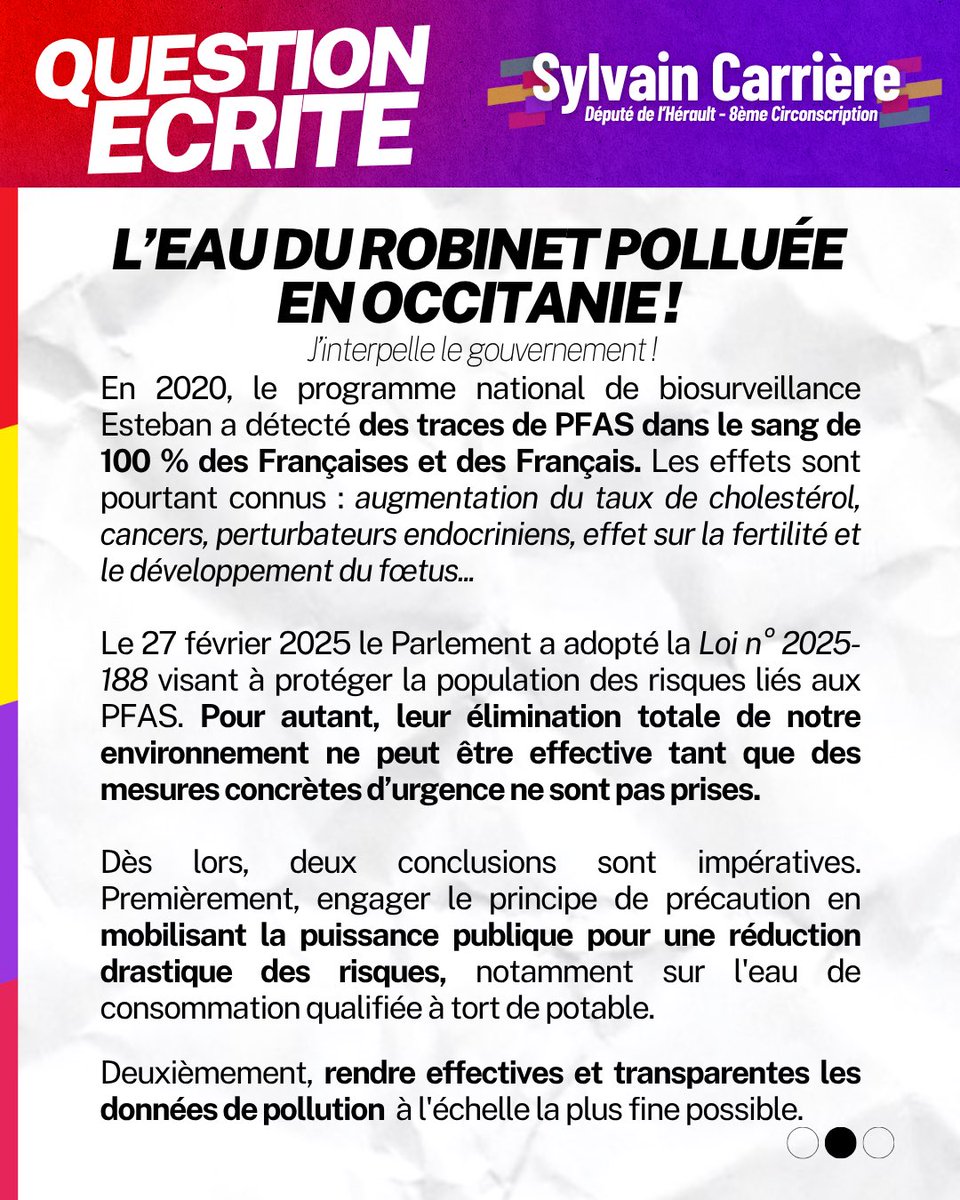 Sylv20CARRIERE's tweet image. PFAS : combien de temps encore le gouvernement va-t-il laisser faire ?
17 communes des Ardennes et de la Meuse viennent d’interdire l’eau du robinet !
En #Occitanie, 100 000 personnes sont concernées par la contamination de l’eau aux #PFAS.
J’interpelle le gouvernement ⤵️