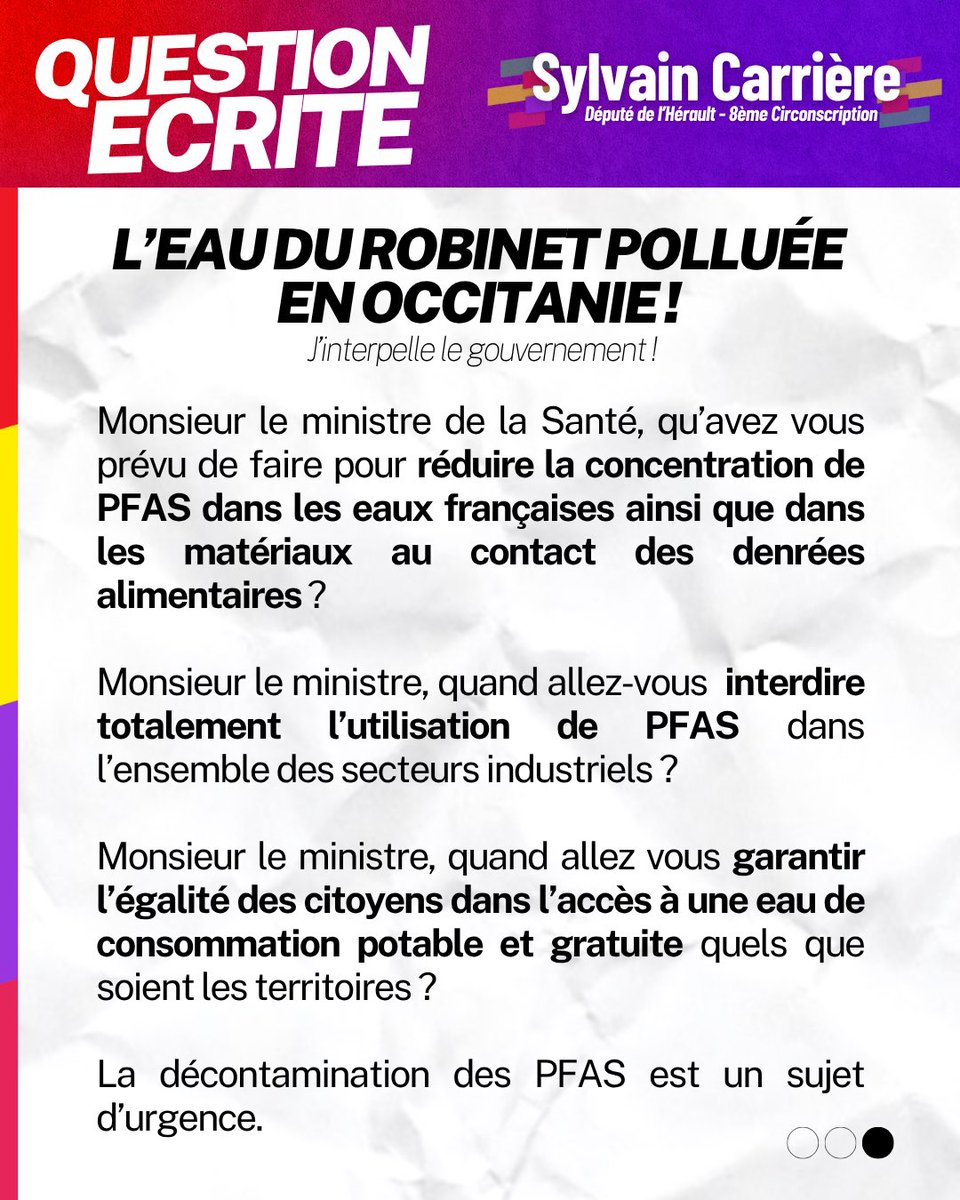 Sylv20CARRIERE's tweet image. PFAS : combien de temps encore le gouvernement va-t-il laisser faire ?
17 communes des Ardennes et de la Meuse viennent d’interdire l’eau du robinet !
En #Occitanie, 100 000 personnes sont concernées par la contamination de l’eau aux #PFAS.
J’interpelle le gouvernement ⤵️