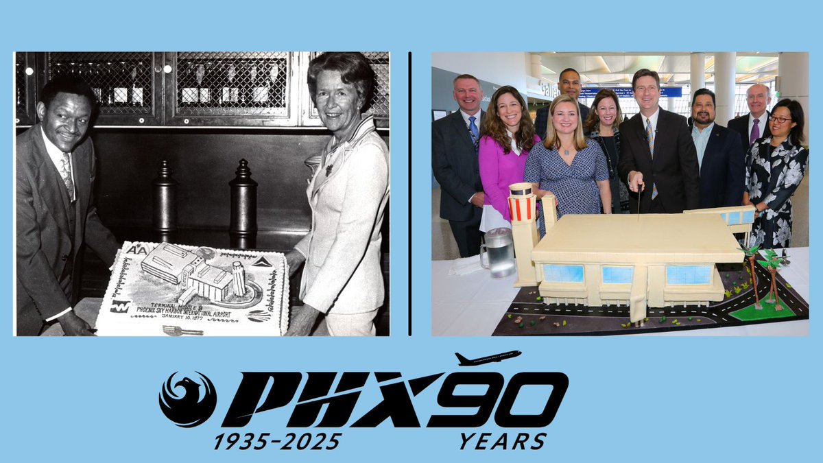 In 1977, an official groundbreaking ceremony was held for Terminal 3. Lincoln Ragsdale &amp; Phoenix Mayor Margaret Hance pose with the celebratory cake. The 2nd photo is from the 2018 unveiling of the 2nd component of the Terminal 3 Modernization Program. #TBT #ThrowbackThursday