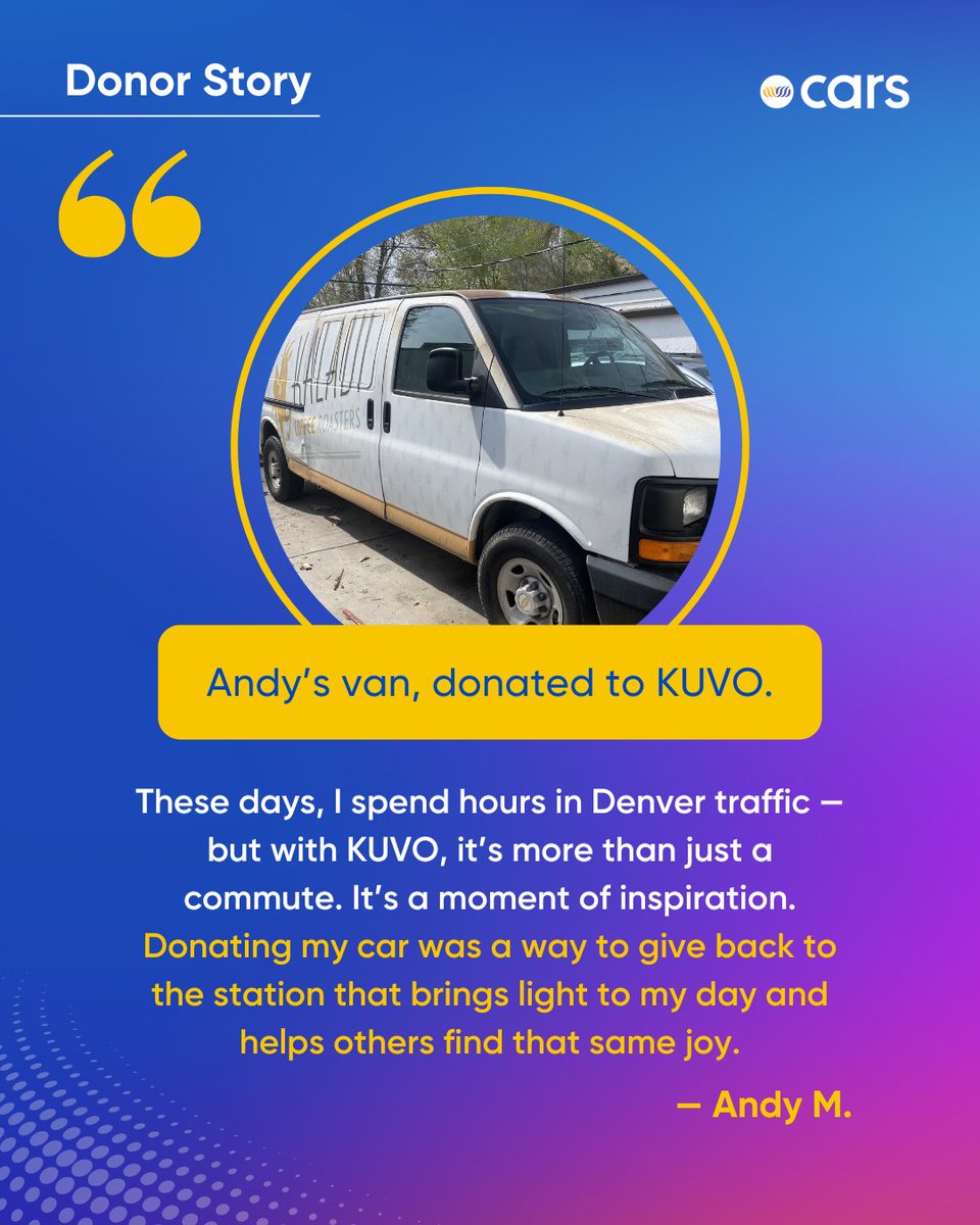 Andy donated his car to KUVO after years of finding joy in traffic jams.
“A little Monk or Miles feels like salvation… Donating my car was a way to give back to the station that brings light to my day.”

Have a story behind your donation? Reply or DM us. We’d love to hear it!