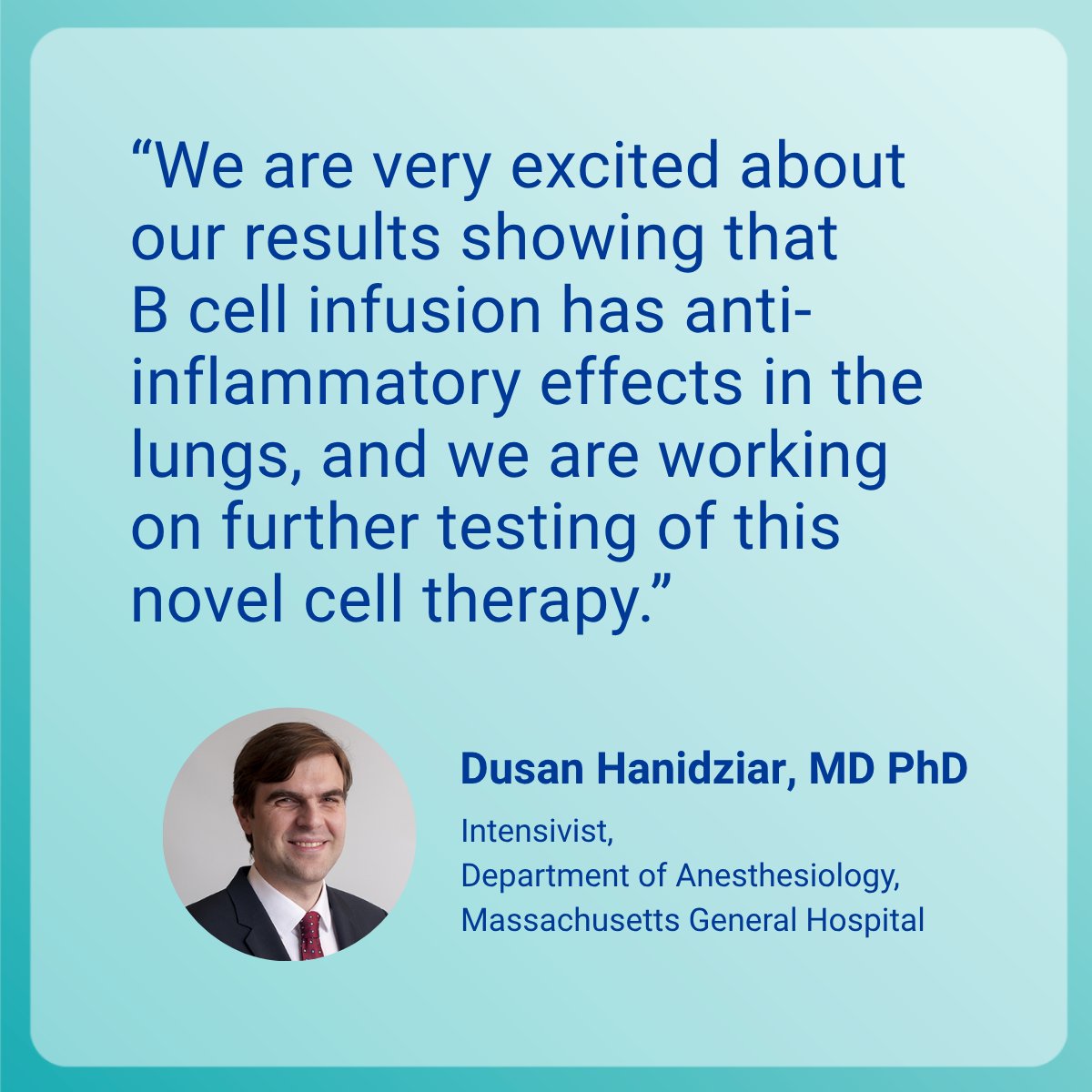 MGBResearchNews's tweet image. In a new study, researcher @DusanHanMD and colleagues from @VICatMGH at @massgeneralnews discovered that giving just one dose of special immune cells (called B cells) helped protect the lungs and reduce inflammation in a model of severe lung injury (ARDS). The study was published…