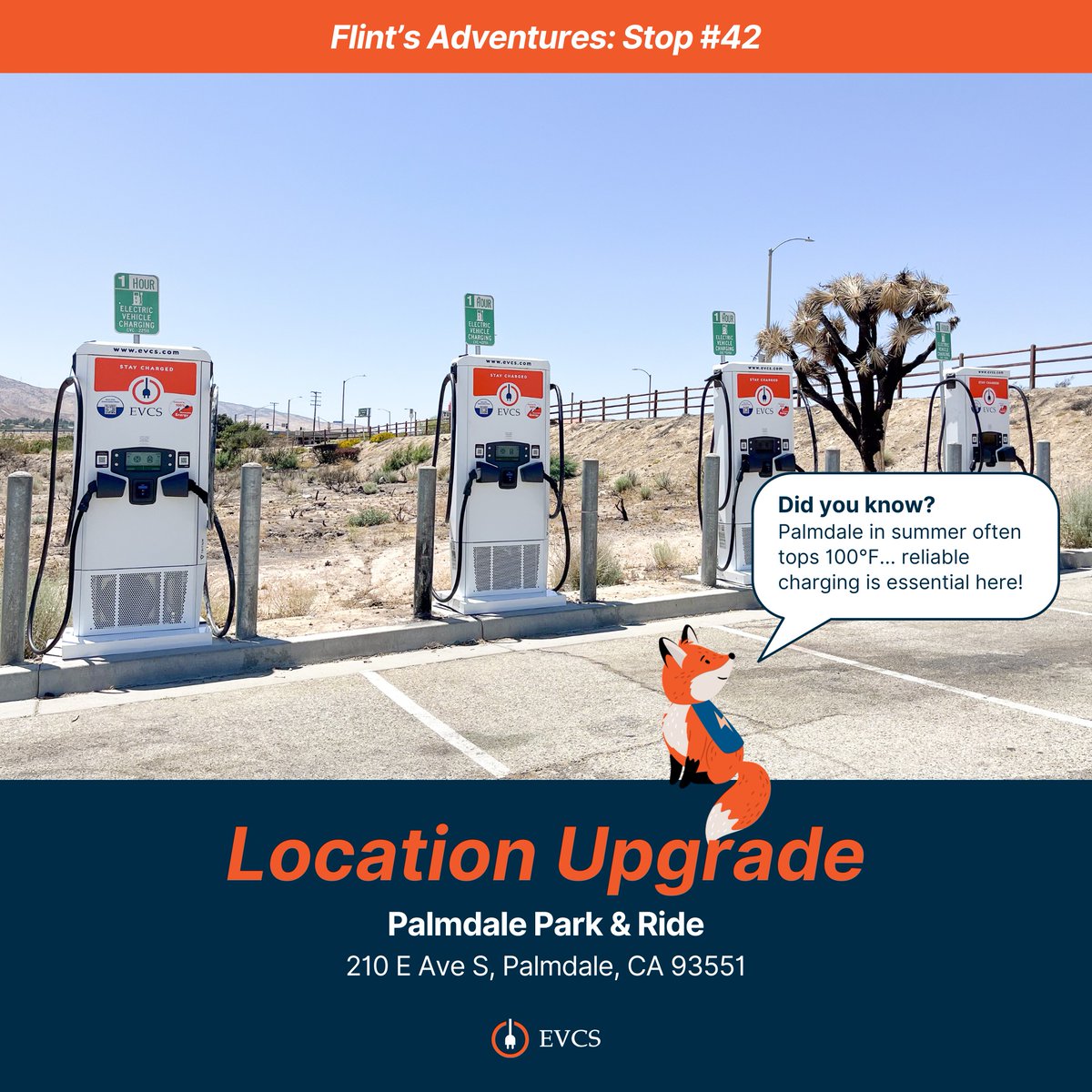 EVCSnetwork's tweet image. We&apos;ve just upgraded Palmdale Park &amp;amp; Ride ⚡🦊 

All 4 DC Fast chargers at this key location off State Route 14 have been replaced with brand-new hardware, making it even easier to charge up whether you’re commuting or road-tripping through the desert. 

#EVCS #FlintsAdventures