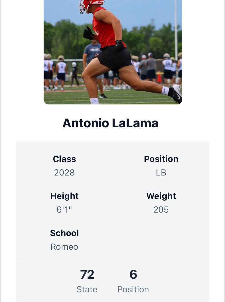 Antonio LaLama (C/O 2028) (@a_lalama2009) on Twitter photo Extremely blessed to be ranked the #6 Linebacker in the state of Michigan (2028) Along with being the #1 Linebacker in the entire MAC (2028) - Always more work to be done <a href="/PrepRedzoneMI/">Prep Redzone Michigan</a> <a href="/alex_pallone/">Alex Pallone</a>
<a href="/RomeoFootball/">RomeoFootball</a> <a href="/RomeoAthletics/">Romeo Bulldogs Athletics</a> <a href="/RisingStars6/">Rising Stars Academy</a> <a href="/ReggieWynns/">Rising Stars Scouting</a> <a href="/ScoutTyGraham/">Tyler Graham</a> Extremely blessed to be ranked the #6 Linebacker in the state of Michigan (2028) Along with being the #1 Linebacker in the entire MAC (2028) - Always more work to be done <a href="/PrepRedzoneMI/">Prep Redzone Michigan</a> <a href="/alex_pallone/">Alex Pallone</a>
<a href="/RomeoFootball/">RomeoFootball</a> <a href="/RomeoAthletics/">Romeo Bulldogs Athletics</a> <a href="/RisingStars6/">Rising Stars Academy</a> <a href="/ReggieWynns/">Rising Stars Scouting</a> <a href="/ScoutTyGraham/">Tyler Graham</a>