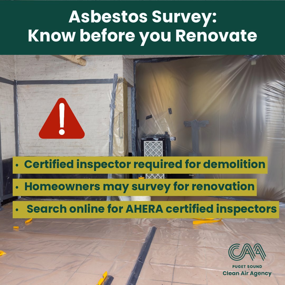 pscleanair's tweet image. Before starting a renovation or demolition project, it's important to know if asbestos is present. An asbestos survey can be performed by a certified AHERA inspector. Search online for "asbestos survey inspector" in your area.
Learn more at pscleanair.gov/AsbestosSurvey