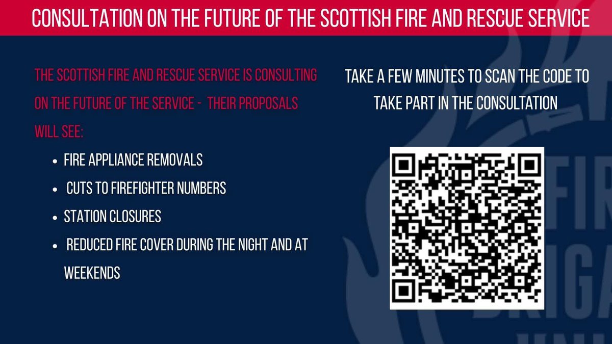 FBUScotland's tweet image. 🔥The Scottish Fire and Rescue Service is proposing major changes to fire stations that could see station closures and reduced fire cover across Scotland🔥
Please submit your views to the consultation using the link or QR code below👇🚒 @SaveBalmossie @fbunational @FBUScotNorth…