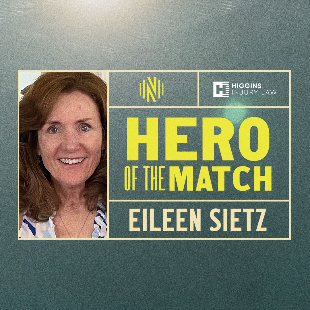 higginsfirm's tweet photo. Higgins Injury Law is an official partner of NSC &amp; proud presenter of the Hero of the Match. 🎉 Congrats to Eileen Sietz, recent Hero of the Match recipient and founder of the nonprofit dental charity Giving Smiles, providing free dental care to those in need. @NashvilleSC https://t.co/YjVc2odRGG