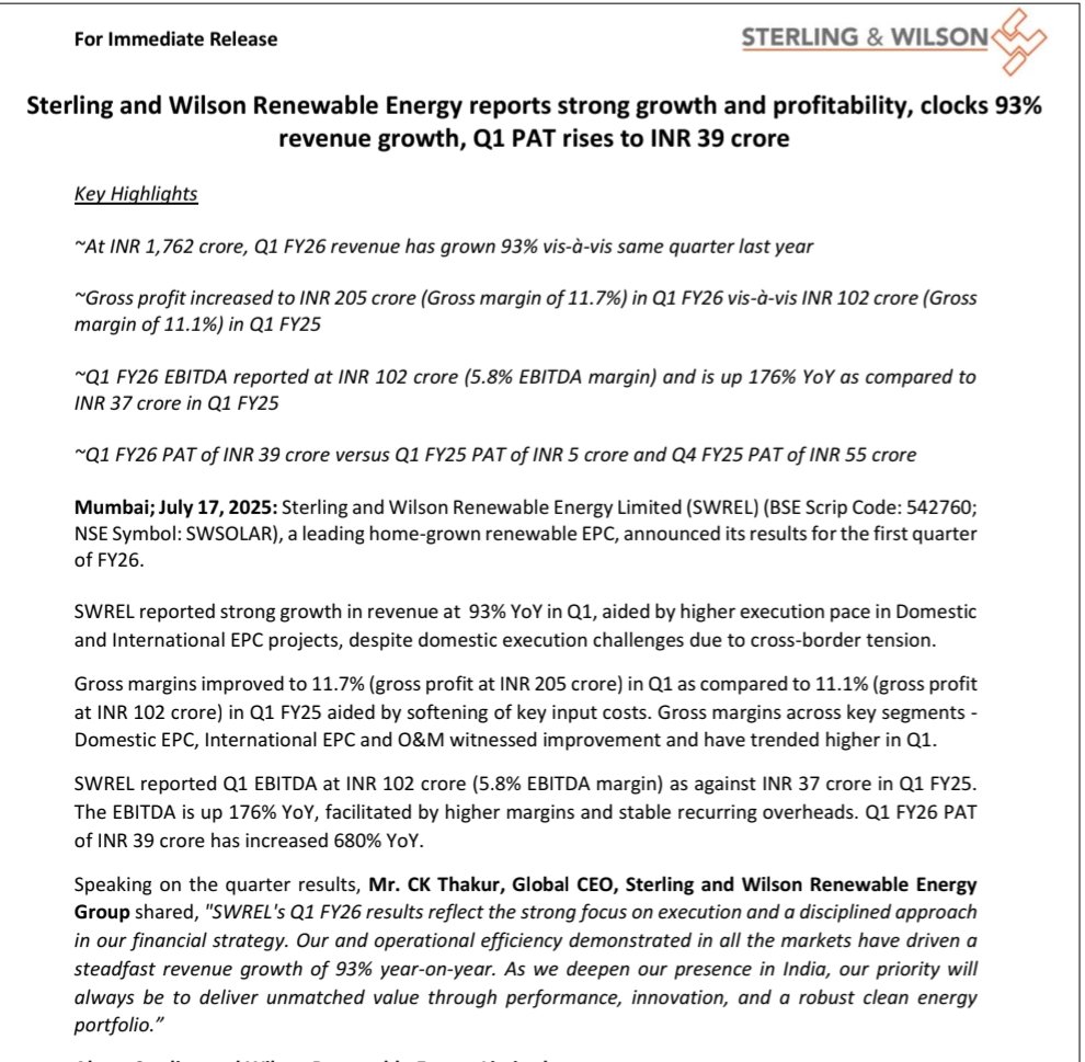 nid_rockz's tweet image. Sterling Wilson Solar 
#SWSolar
#SterlingWilson

Good Q1FY26 with big YoY uptick 
Margins improve well

Margin improvement YoY 

H2 heavy business with 60-65% revenue coming in H2 

Q1FY26:
Rev at 1762cr⏫93%

Gross profit at 205cr vs 102cr⏫101%

EBITDA at 102cr vs 37cr⏫176%