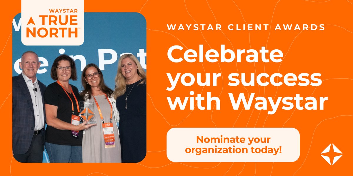Waystar's tweet image. Waystar is proud to recognize the leaders who transform healthcare payments! Nominate your organization for the Waystar True North™ Client Awards — winners will be honored at our #WaystarTrueNorth25 client conference this September in Nashville. ow.ly/MCZx50WrnzT