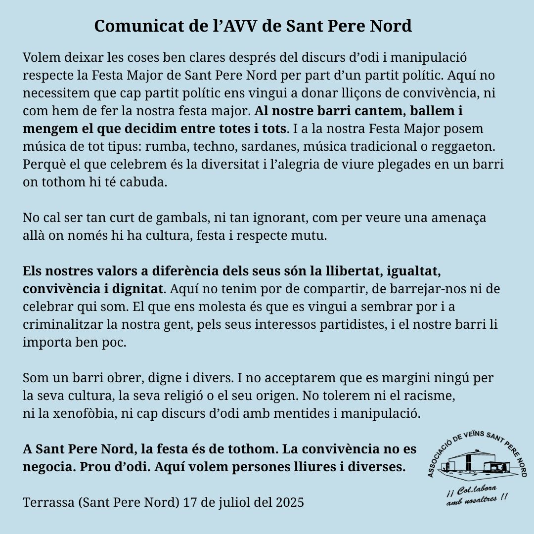 AVSantPereNord's tweet photo. Comunicat de l'AVV de Sant Pere Nord sobre la festa major https://t.co/8C7KyjBG0C