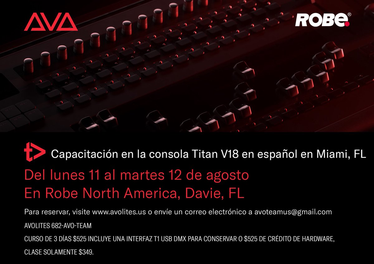 The Robe Way (@therobeway) on Twitter photo Attention LDs & Programmers in the Miami/Fort Lauderdale area…we’ll be hosting 2 <a href="/AvolitesLtd/">Avolites Ltd</a> trainings in August at our <a href="/Robelighting/">Robe Lighting</a> Davie, FL, HQ.
🔴 August 5-7th (English)
🔴 August 11-12th (Español)
To book, visit avolites.us or e-mail avoteamus@gmail.com. Attention LDs & Programmers in the Miami/Fort Lauderdale area…we’ll be hosting 2 <a href="/AvolitesLtd/">Avolites Ltd</a> trainings in August at our <a href="/Robelighting/">Robe Lighting</a> Davie, FL, HQ.
🔴 August 5-7th (English)
🔴 August 11-12th (Español)
To book, visit avolites.us or e-mail avoteamus@gmail.com.