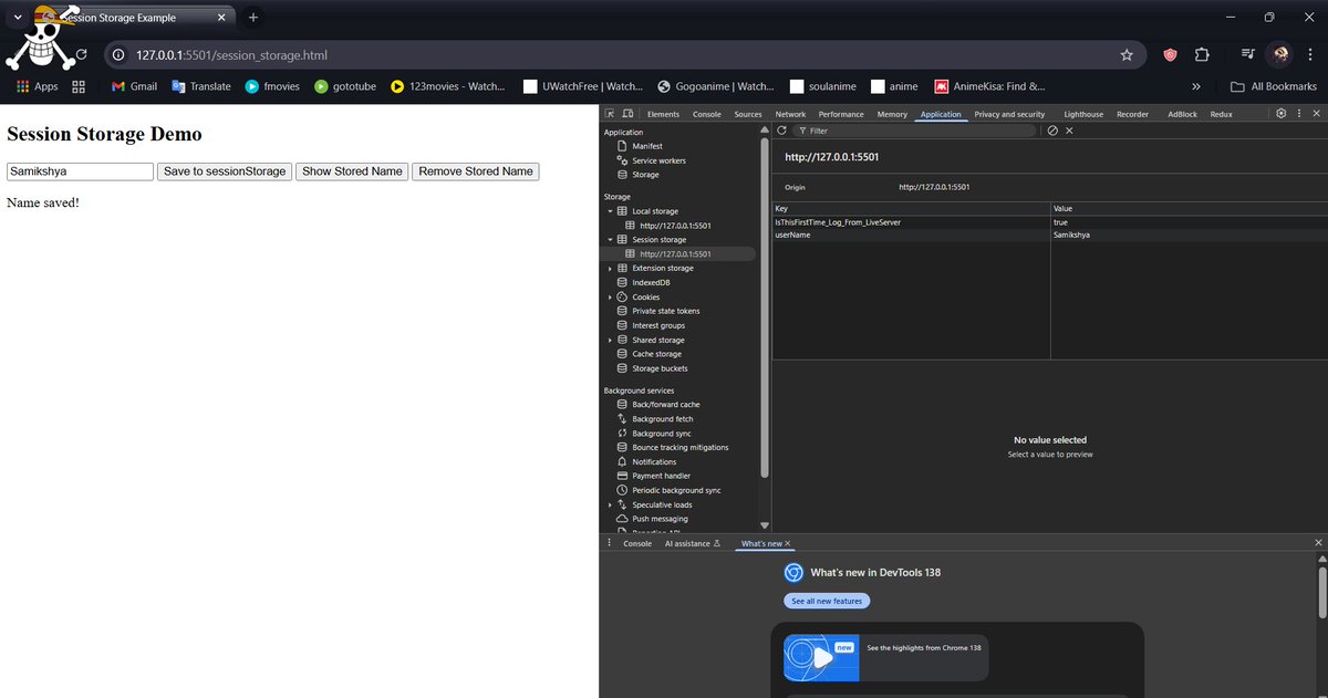 samikshya_01's tweet photo. #LSPPDay47
I explored sessionStorage in JavaScript.
It stores data like localStorage, but the difference is-data is only available for that browser tab/session. Once the tab is closed, the data is cleared automatically.
#60DaysOfLearning2025 
#LearningWithLeapfrog
@lftechnology https://t.co/dbSQmI3pBT