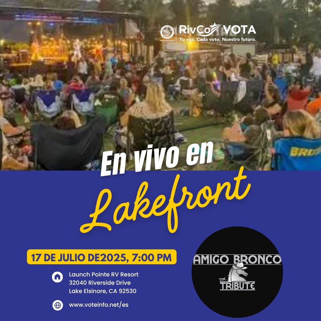 RivCoRegistrar's tweet image. More summer fun coming your way! ☀️
Our Outreach Team will be in Lake Elsinore for Live at the Lakefront on July 17th!
---
¡Mas diversión de verano en camino! ☀️
¡Nuestro Equipo de Extensión estará en Lake Elsinore para Live at the Lakefront el 17 de julio!