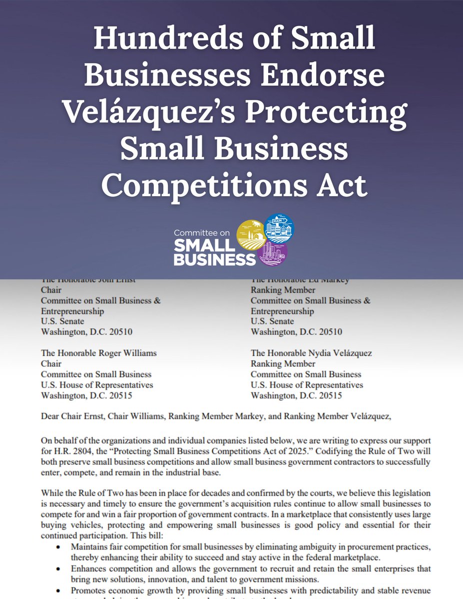 Over 100 small business groups and companies are backing Ranking Member <a href="/NydiaVelazquez/">Rep. Nydia Velazquez</a>’s Protecting Small Business Competitions Act.

Their message is clear: codifying the Rule of Two is essential to preserve competition and protect the small biz industrial base.