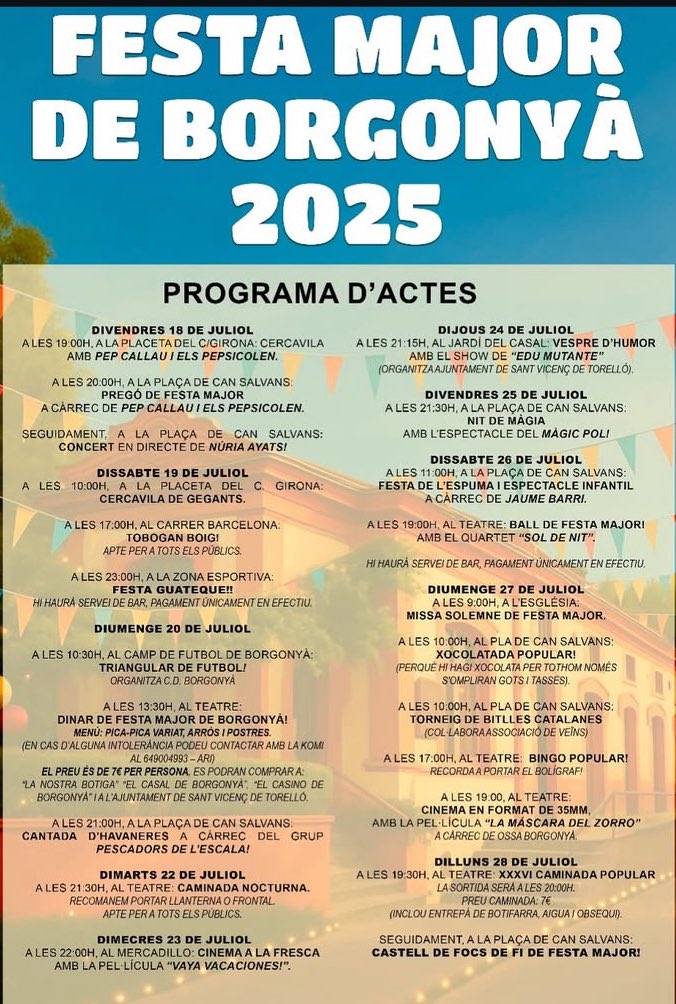 C.D. BORGONYÀ (@cdborgonya) on Twitter photo El <a href="/cdborgonya/">C.D. BORGONYÀ</a> us desitja una molt bona Festa Major 2025!
Ens veiem pel camp de futbol, al Teatre, pels carrers…
gaudim-la plenament! El <a href="/cdborgonya/">C.D. BORGONYÀ</a> us desitja una molt bona Festa Major 2025!
Ens veiem pel camp de futbol, al Teatre, pels carrers…
gaudim-la plenament!