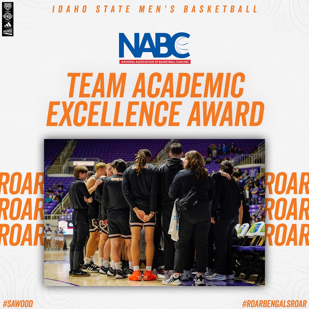 IdahoStateMBB's tweet image. Team Academic Excellence👏
The Bengals received the NABC Team Academic Excellence Award for 2024-25 while five Bengals were selected to NABC Honors Court!
#SawWood // #RoarBengalsRoar