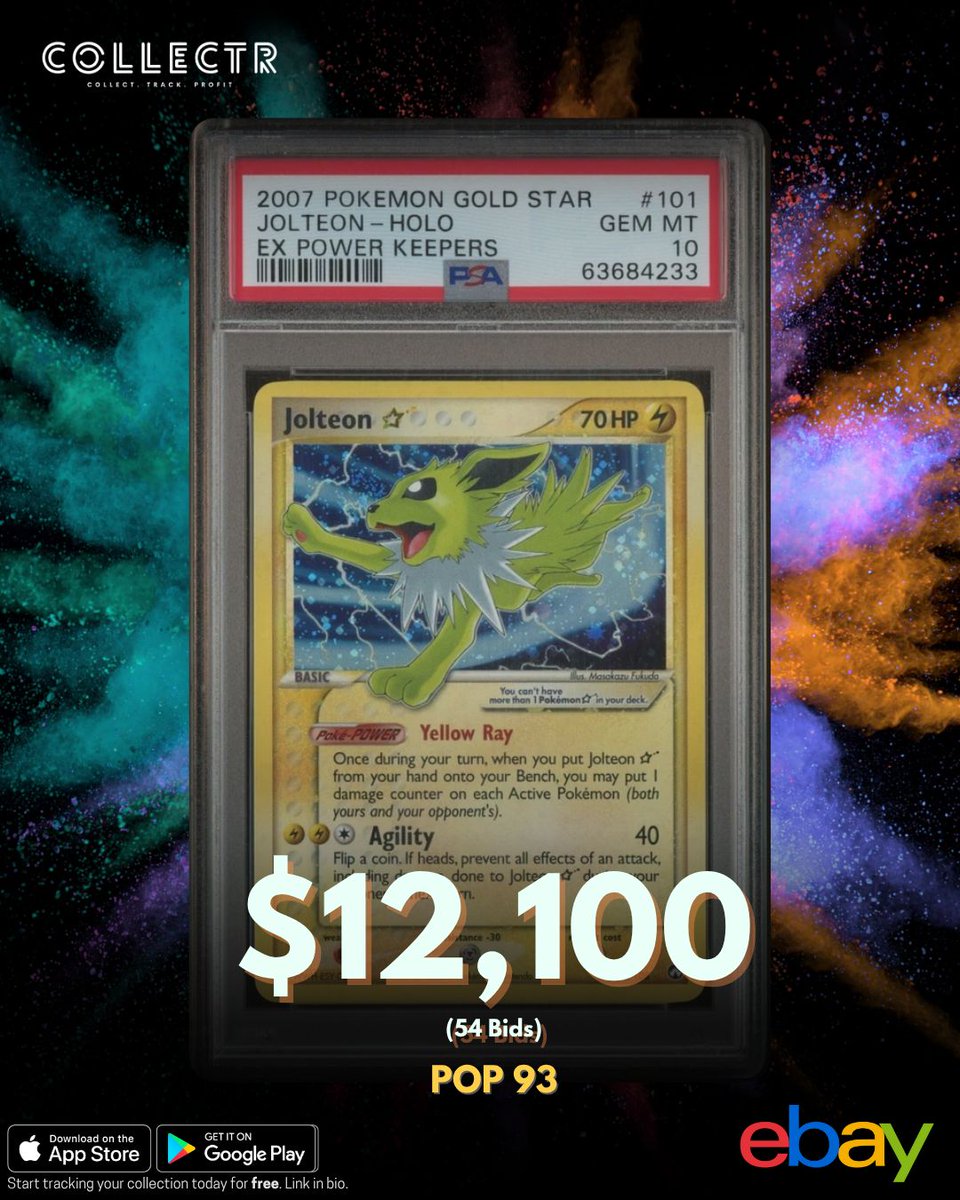 getcollectrapp's tweet image. A #PSA 10 #Jolteon Holo from the #ExPowerKeepers set just sold in auction on #eBay for $12,100.
This card is a super rare POP 93.
#pokemontcg #collectibles #pokemoncards #pokemoncommunity #pokemoncollector #PokemonCollection #PokemonCardCollector #PokemonCardGame…