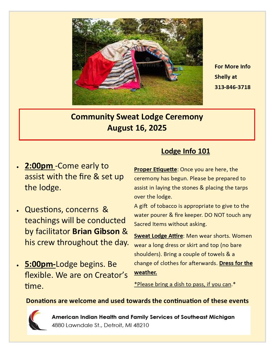 AIHFS_Detroit's tweet image. Today we want to share one of our more recently added events, a community sweat lodge! As always, everyone is welcome. See flier for additional details.