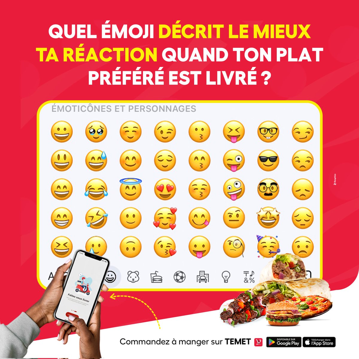 applitemet's tweet photo. Journée mondiale de l'émoji !
Dis-nous, quel émoji te ressemble le plus quand ton plat préféré arrive tout chaud ? 😋🍲
Ton plat préféré disponible en un clic sur l'appli https://t.co/RnWKDZchkH 👈
#TEMET
#Livraison #Repas #Niamey https://t.co/E3rkaVdzSU