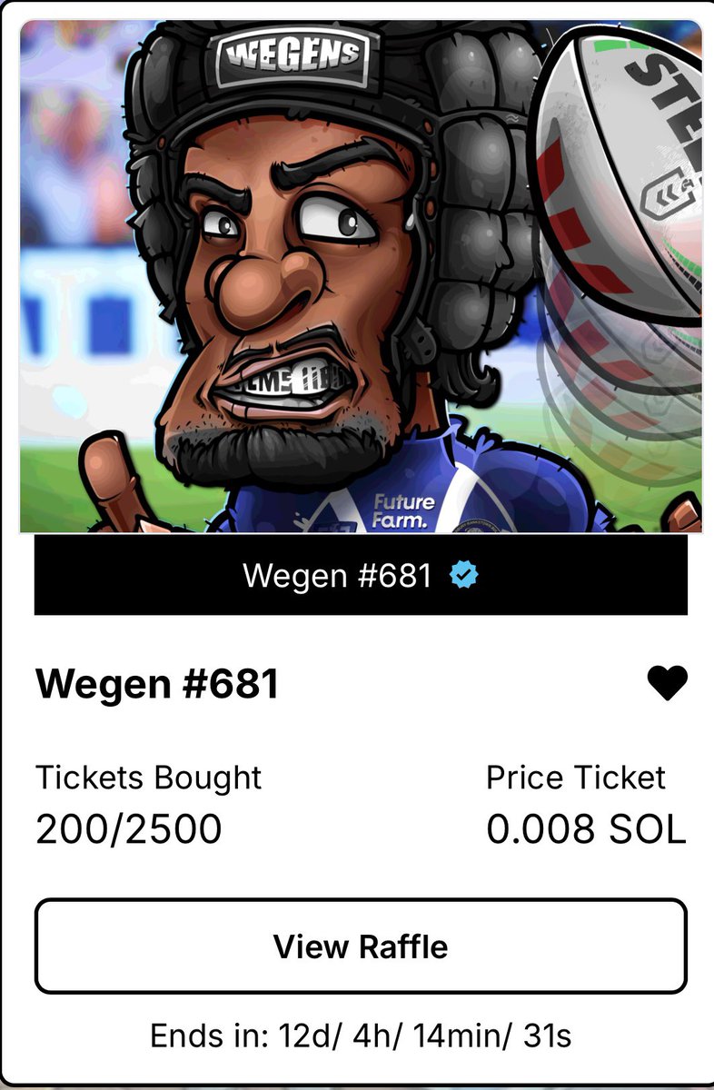 LevelupJosh85's tweet image. The @WegenNFT Raffles are always 🔥🔥. This Time they are doing a Golden Ticket Wegen 🔥🎨 A completely customized Wegen for the winner, also included is a Shed Time Tank Top IRL 🎽.. 200 tickets sold so Far, 12 Days Remaining. .008 Solana Per Ticket.
Giveaway Attclached: ⬇️⬇️