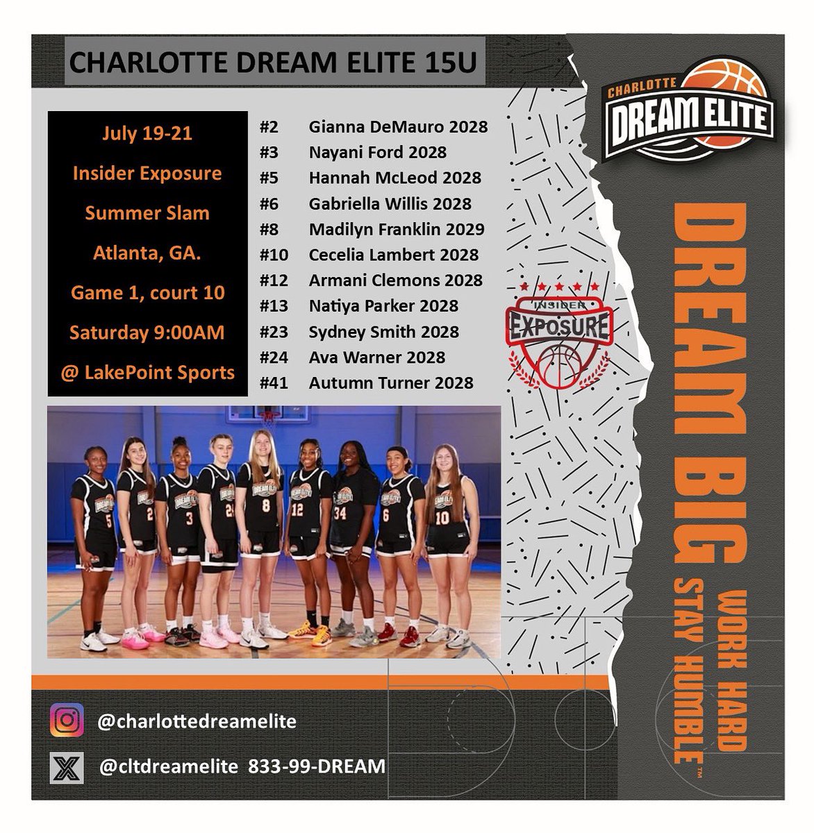 💥Our #cde15u team is ready to compete in the <a href="/InsiderExposure/">InsiderExposure</a> Summer Slam this Saturday - Monday in Atlanta, GA‼️ 
💥Coaches take a look at these talented ladies! #charlottedreamelite