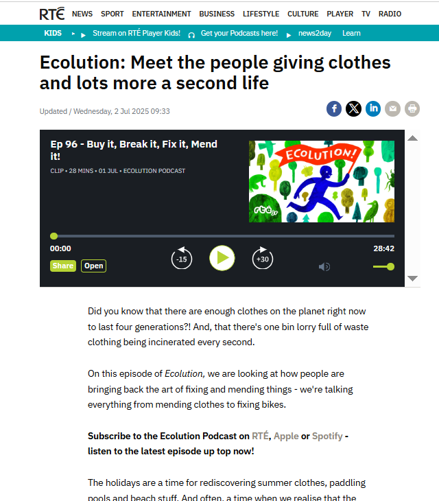 RediscoveryCtr's tweet image. Big thanks to @RTEJr for shining a light on our sustainable fashion competition and the *magic* of mending!

We also loved seeing #ECCO participant Lucy from A Library of Things for All share her incredible initiative. 

Listen now: rte.ie/radio/rtejrrad…

#RediscoverFashion