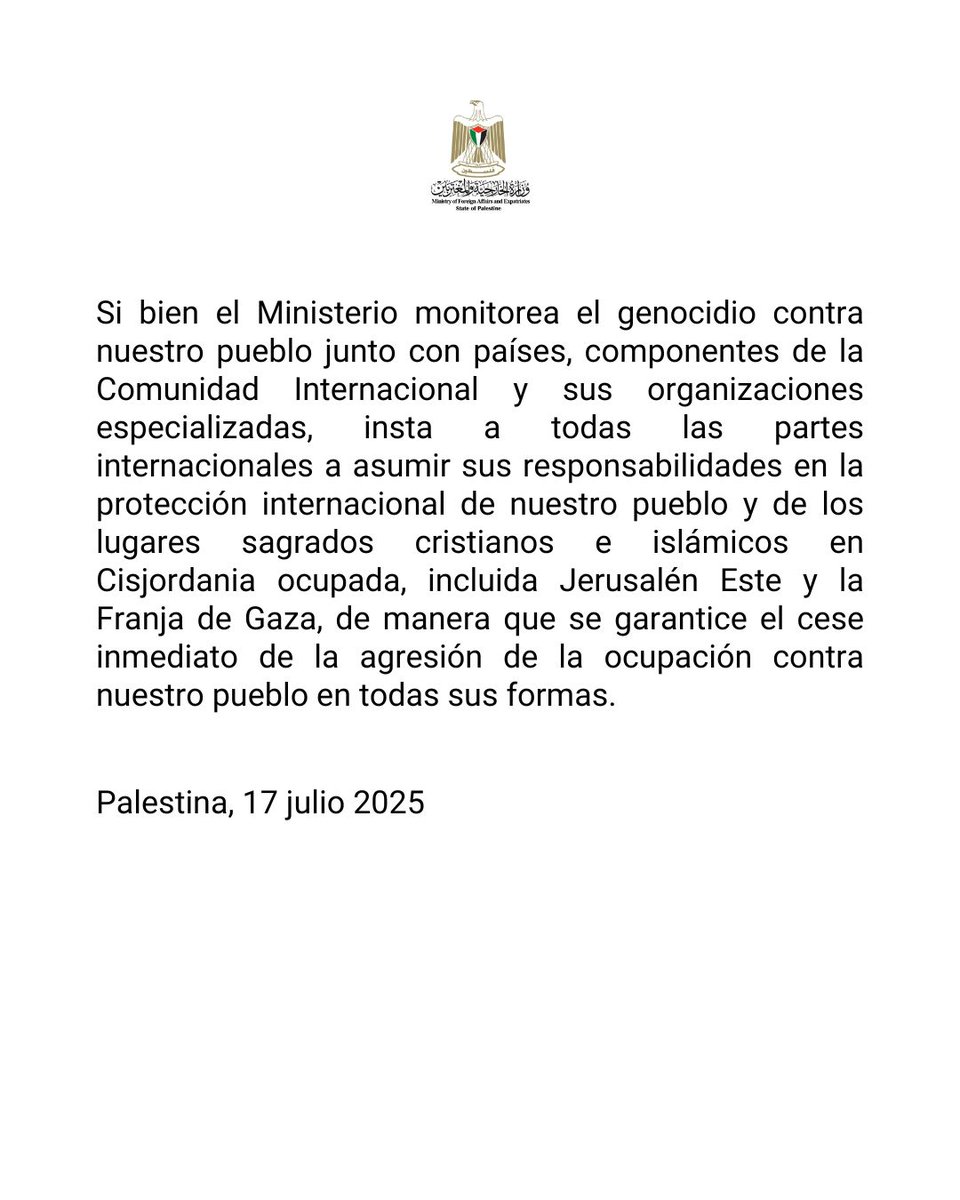 traducción no oficial
Ministerio de Asuntos Exteriores y Expatriados del Estado de Palestina

Condena el bombardeo israelí de la Iglesia Católica Latina en Gaza y pide protección internacional para nuestro pueblo

El Ministerio de Asuntos Exteriores condena enérgicamente el