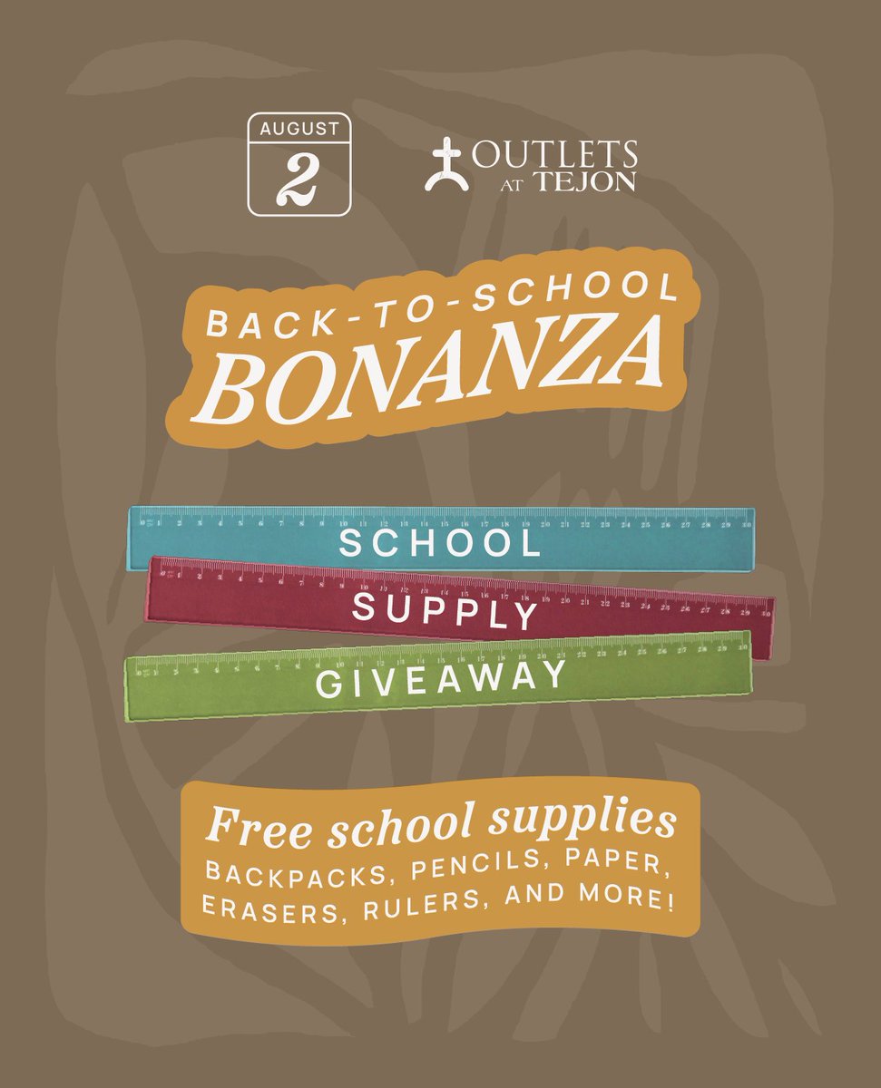 Back-to-school season is almost here, and so is our Back-to-School Bonanza on  August 2, at 1pm! 🎒✏️

Join us at the Outlets at Tejon, where we’ll be giving away FREE school supplies to students, including backpacks, pencils, paper, and more! While supplies last

Don't miss it!