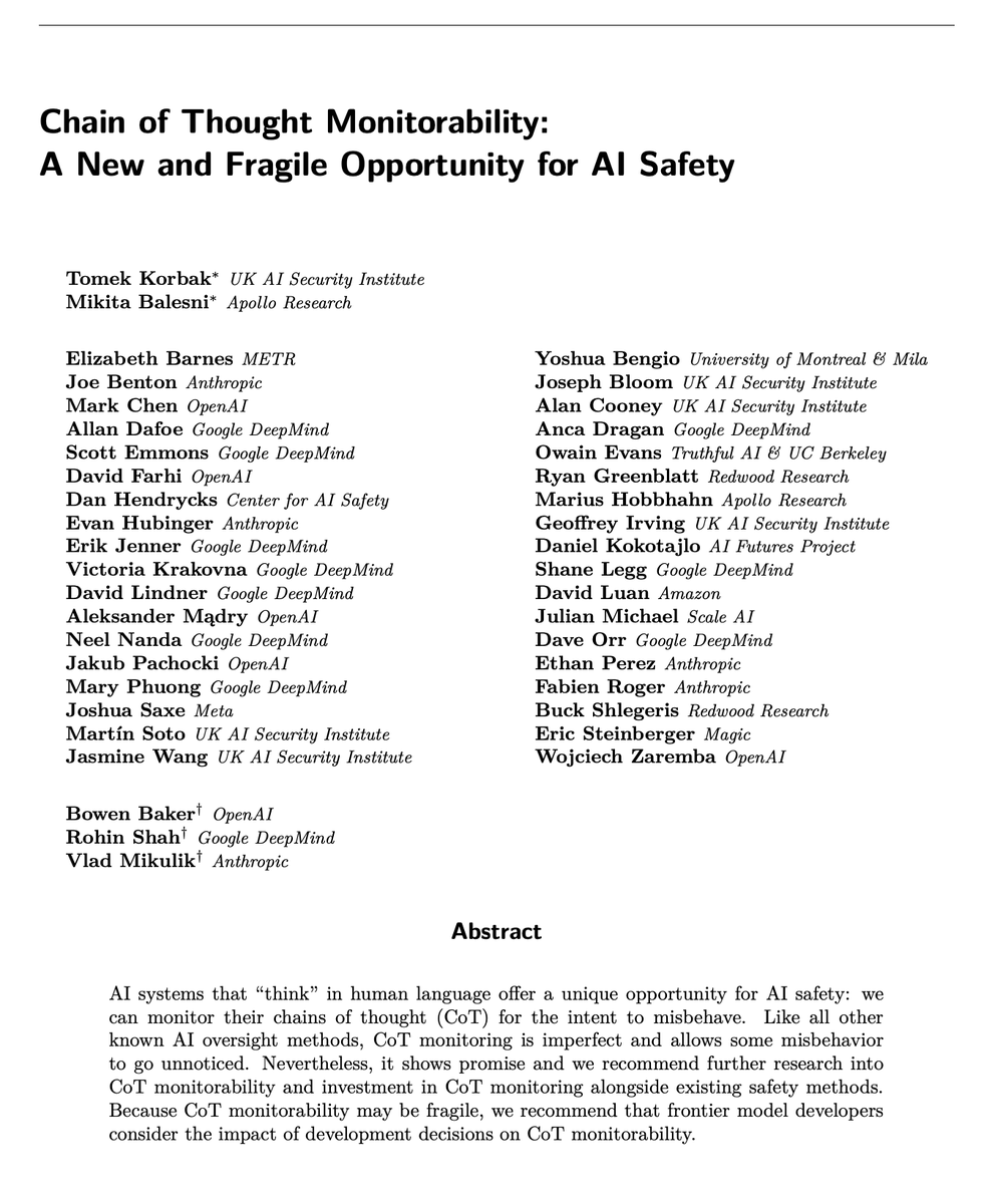 bohannon_bot's tweet image. My main worry about the big AI safety recommendation is that research keeps accumulating that CoT might **not** be necessary for reasoning after all. If that turns out to be true, then this safety avenue will close.
arxiv.org/abs/2507.11473