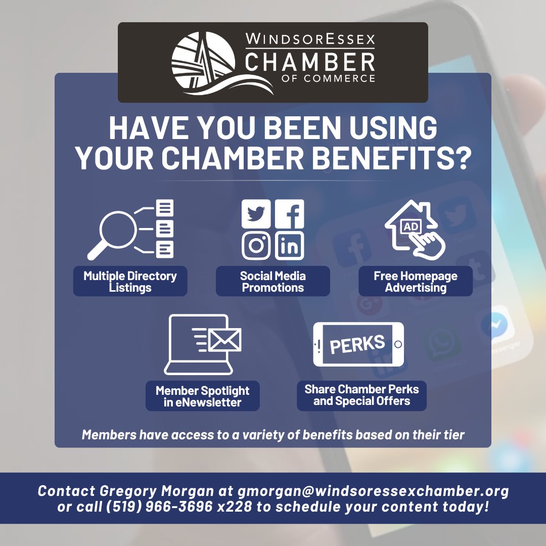 Has YOUR Chamber Membership renewed?

Members of the <a href="/WERCofC/">Windsor Essex Chamber of Commerce</a> have access to a variety of benefits that renew with your Membership - don't miss the opportunity to use yours!

For more info, contact Greg at gmorgan@windsoressexchamber.org

#Benefits #Membership #WindsorBusiness