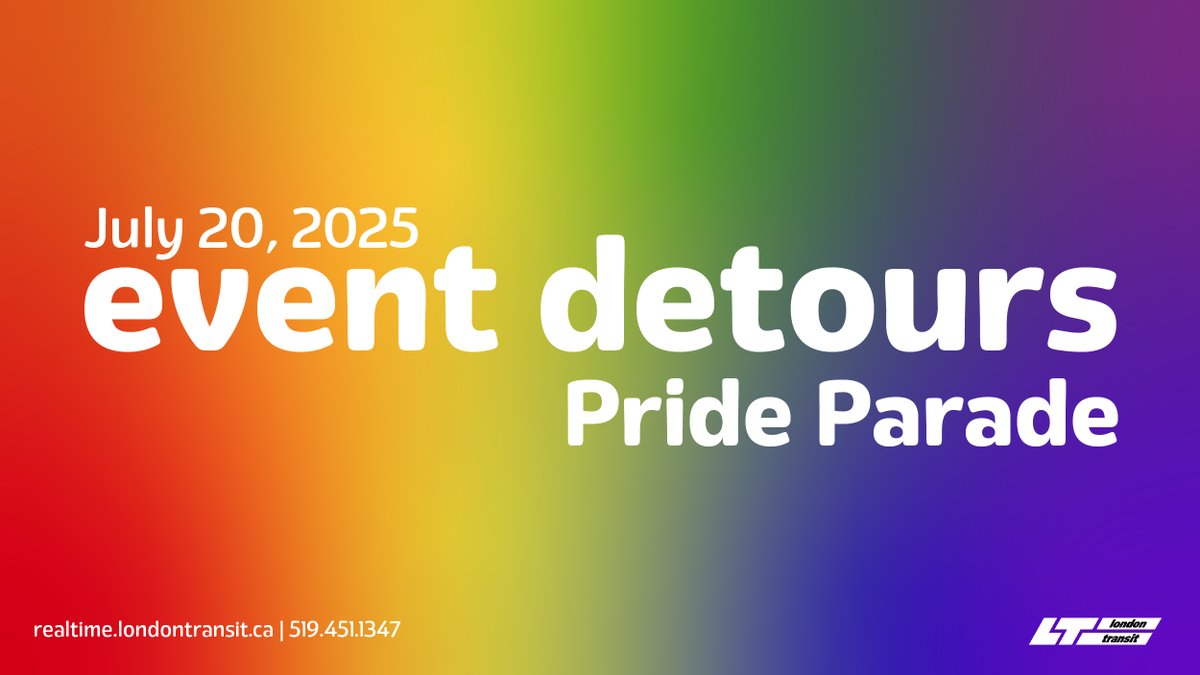 With the Pride Parade happening downtown on Sunday July 20th Routes 1, 2, 16 &amp; 20 will be detoured from approximately 10AM to 2PM. Find details about the detour routing here: londontransit.ca/london-pride-p… #LdnOnt