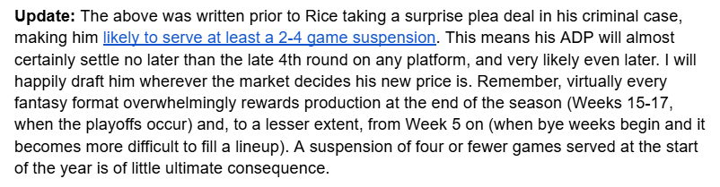 RyanJ_Heath's tweet image. Here's my update on how I'm viewing Rashee Rice, if anything &lt;= a 4-game suspension occurs.
If we get up into 6-8 game territory, you probably won't have to draft him as a starter in most formats. And I'll be very interested at that cost, as well.
Whatever additional risk…