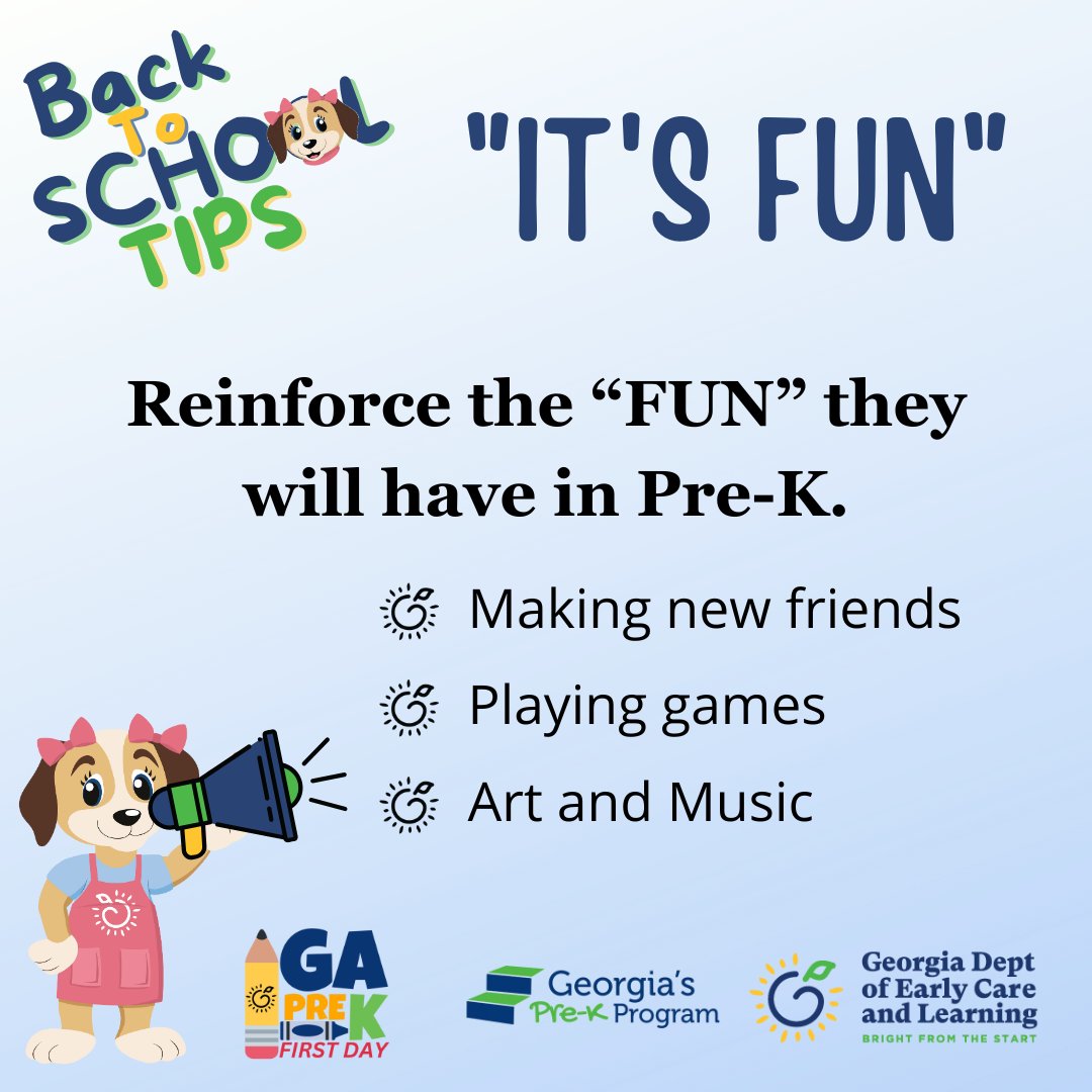 Bright from the Start (@gadeptearlycare) on Twitter photo Here is a tip for a great #GaPreKFirstDay. Follow along with DECAL social media as we give tips for a GREAT #GaPreKFirstDay. #prek #parents #teachers #prekteacher #earlyeducation #Georgia #educate #schooldays #firstdayofschool Here is a tip for a great #GaPreKFirstDay. Follow along with DECAL social media as we give tips for a GREAT #GaPreKFirstDay. #prek #parents #teachers #prekteacher #earlyeducation #Georgia #educate #schooldays #firstdayofschool