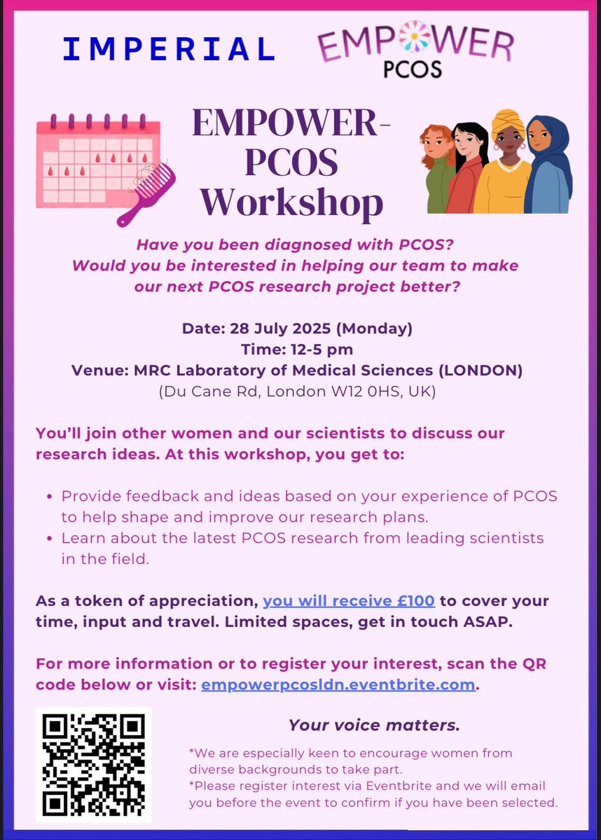 cdtgillett's tweet image. We have 2 workshops for women with PCOS interested in helping us with planning a future PCOS research project - one workshop is in London, the other one is in Birmingham. Last chance to sign up, we are almost fully booked! Scan poster QRs for more information.