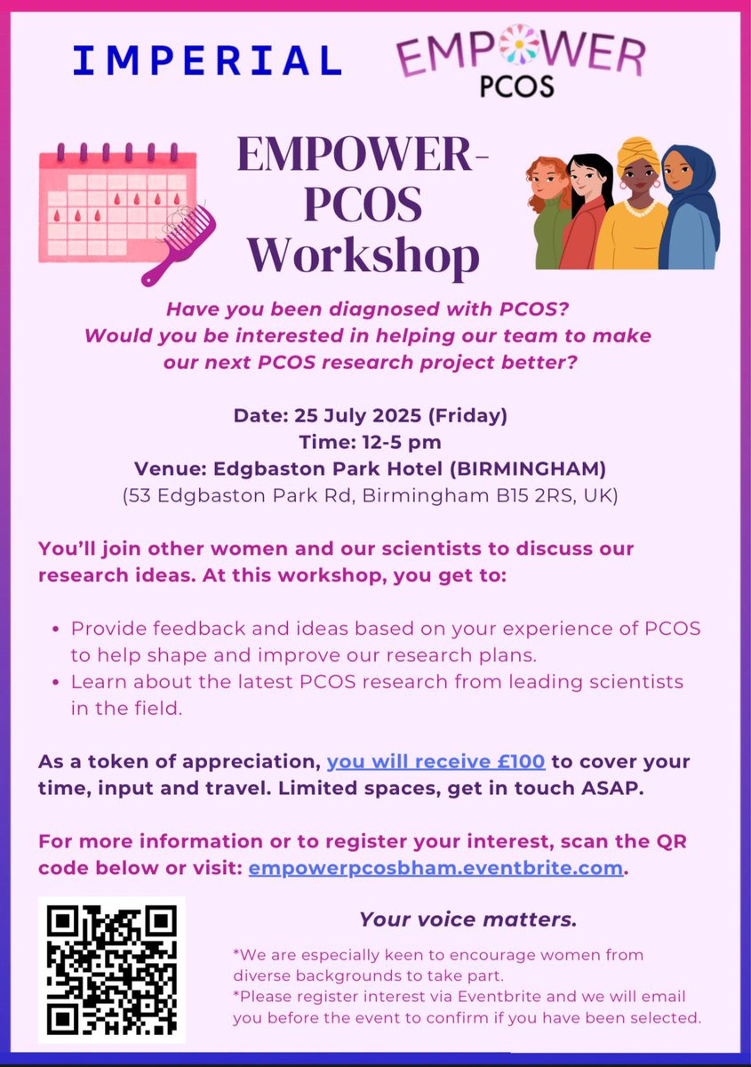 cdtgillett's tweet image. We have 2 workshops for women with PCOS interested in helping us with planning a future PCOS research project - one workshop is in London, the other one is in Birmingham. Last chance to sign up, we are almost fully booked! Scan poster QRs for more information.