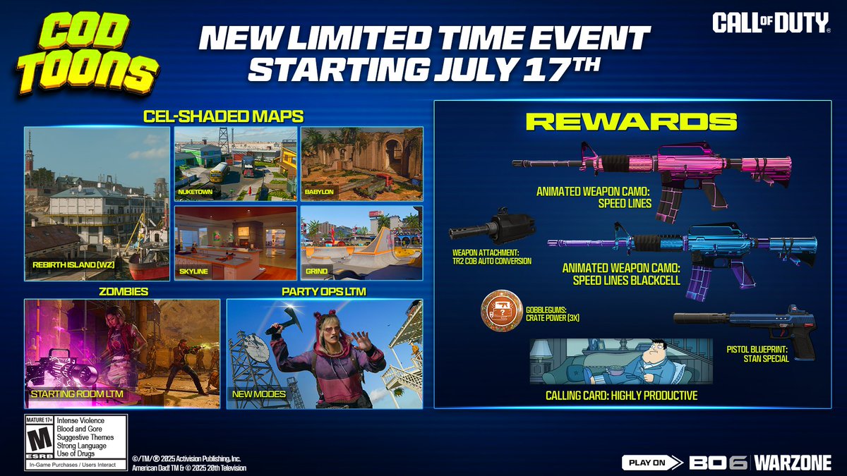 El nuevo evento de Cod toons ya está disponible en Black Ops 6 y Warzone:

- Mapas con estilo de dibujos
- Modos
- 2 Camuflajes gratuitos (1 para los que tengan Blackcell)
- Nuevo kit automático para TR2