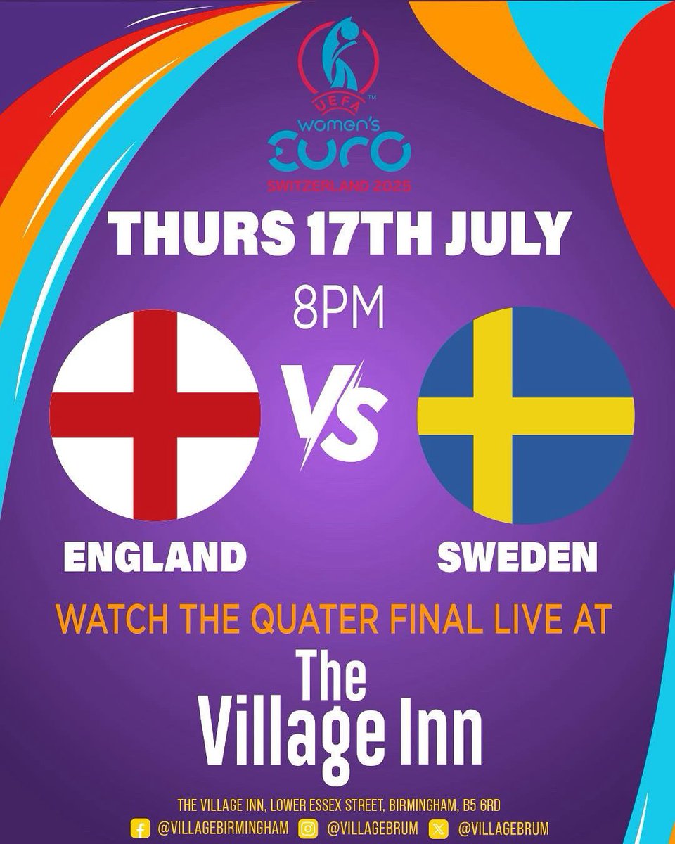 VillageBrum's tweet image. THREE LIONS ROAR AGAIN 🏴 🏴 🏴
The women’s euros is back this evening LIVE on the BIG screen here at the Village! ⚽️
TONIGHT it’s England 🏴 v Sweden 🇸🇪
⏰ Kick off 8pm