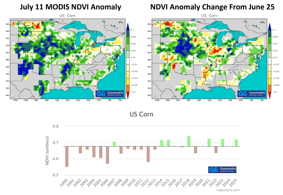 commoditywx's tweet image. Notable improvements in satellite-derived NDVI anomalies for the U.S. corn belt support favorable yield implications. commoditywx.com/news/20250715/…