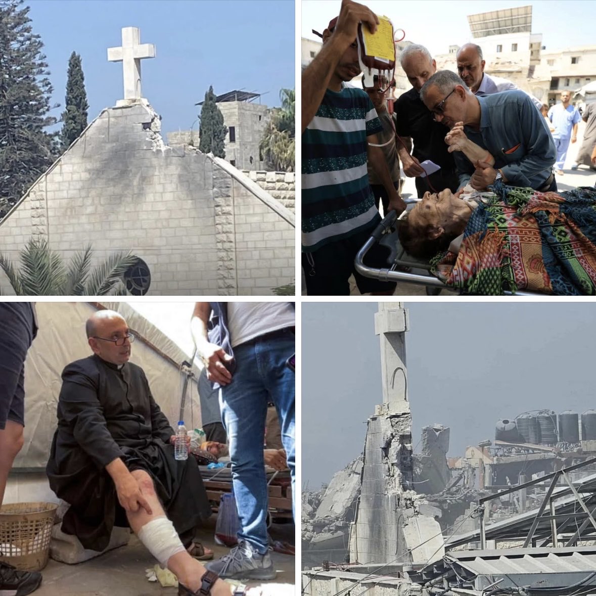 Based on photos it looks like the Israeli tank operators were aiming for the cross, but missed hitting the roof leading to the debris to rain down and crush those sheltering inside. 

There is no reason for an Israeli tank shell to be aimed this high.

Lord have mercy.