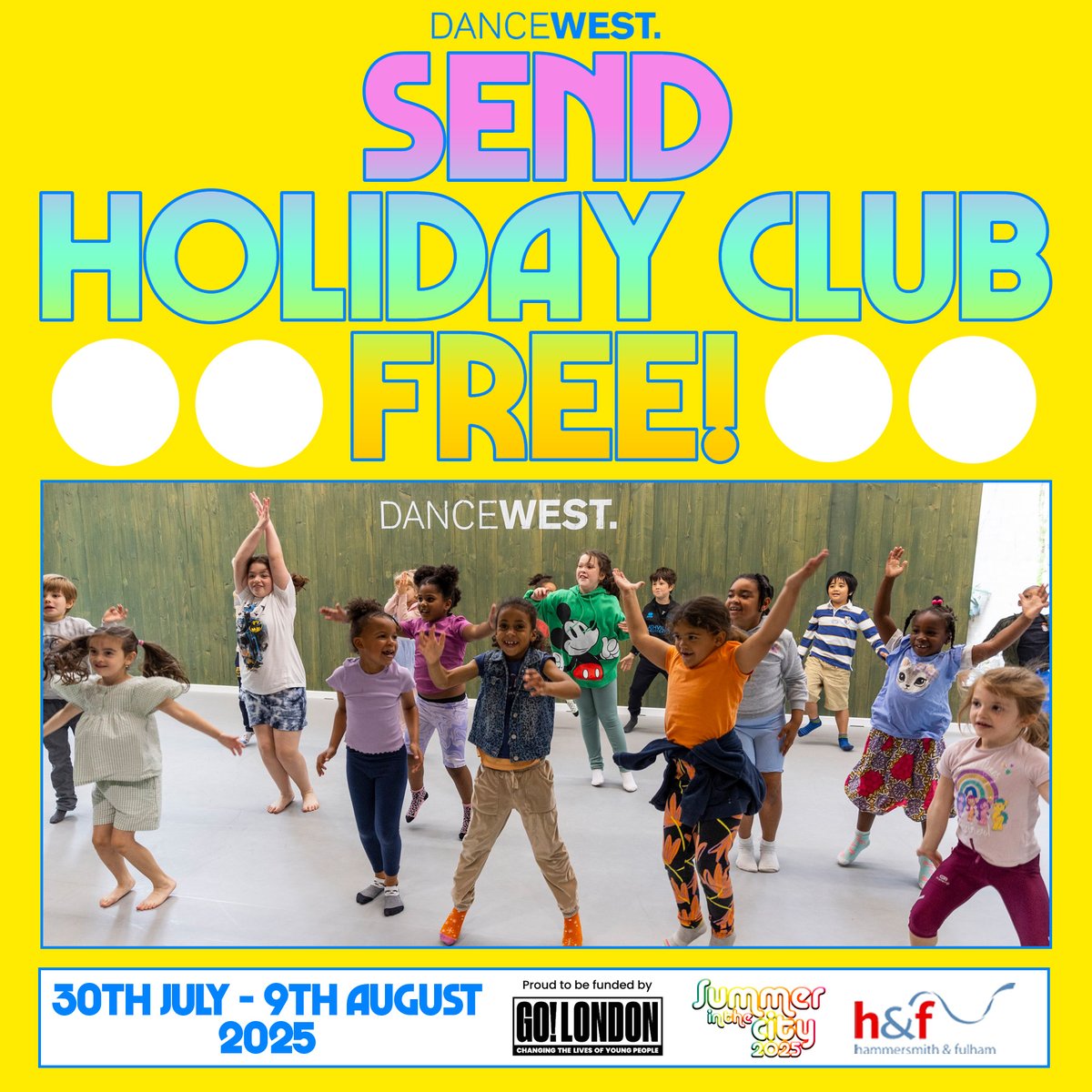 DanceWest Summer Holiday Club! 
30 July–9 Aug 2025 for SEND children (5–10) &amp; young people (11–17) 
9:45am–2:00pm | FREE 
Street Dance, Contemporary, Hip-Hop &amp; more
🍽️ Meals + £20 supermarket voucher/day
🔗 Book now: dancewest.co.uk/summer-2025-se… 
#SEND #Hammersmith
