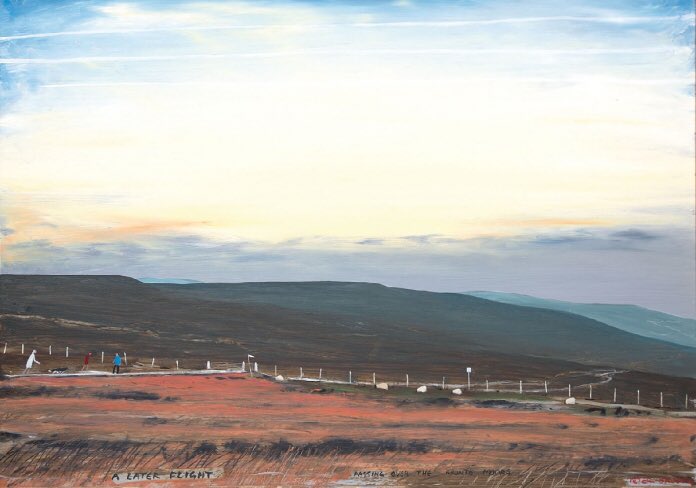 PennineThe's tweet image. A trademark atmospheric evening sky is the dominant feature of Peter Brook’s ‘A Later Flight - Passing over the Brontë Moors’, complete with its vapour trails, which on close examination can be seen in several examples of his work, here linking to the title of the painting .