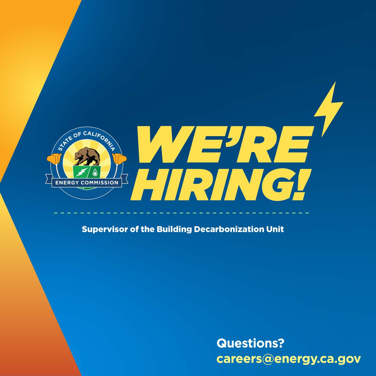 ⚡ We're Hiring! #CalEnergy is seeking a Supervisor of the Building Decarbonization Unit (Program and Project Supervisor) to lead a dynamic team in the Energy Research &amp; Development Division.

🔗Apply Today: bit.ly/4657dYk