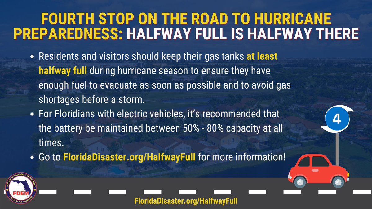 FLSERT's tweet image. 🌀 As we continue to make our way through hurricane season, remember, halfway full is halfway there!
ALWAYS keep your vehicle's fuel tank or battery at least halfway full so that you're ready to evacuate if needed.
Learn more at FloridaDisaster.org/HalfwayFull & below. ⤵️