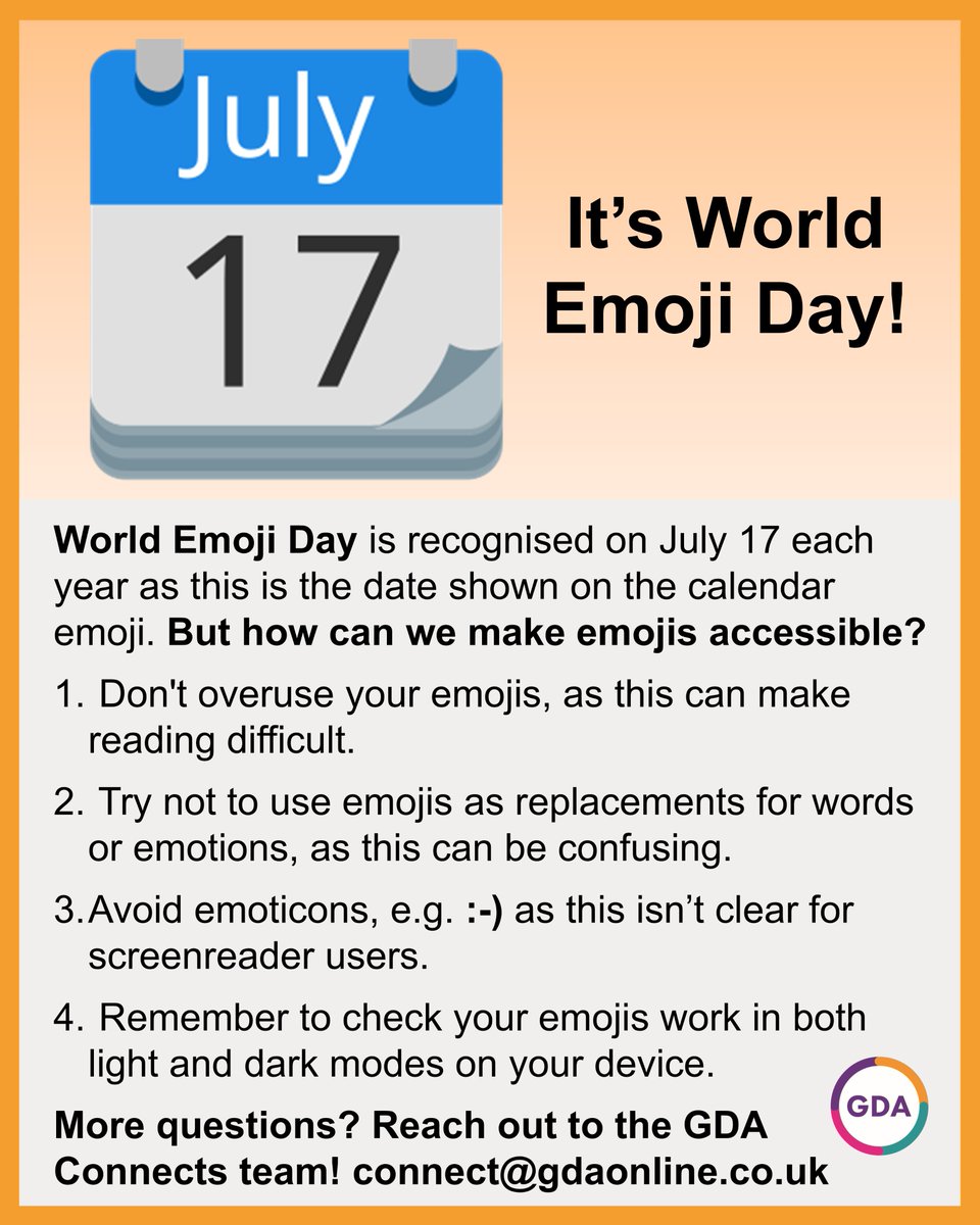 GDA__online's tweet image. It’s #WorldEmojiDay! 📅

World Emoji Day is recognised on July 17 each year as this is the date shown on the calendar emoji.

But how can we make emojis accessible? Check out our helpful tips below!

Do you have a favourite emoji?